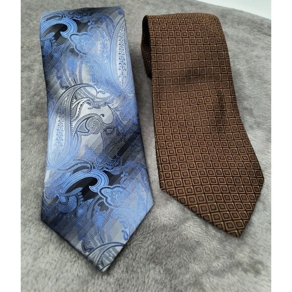 Men's Silk Necktie Lot of 2 Van Heusen Geo Print 59" Blue Tie 62" Brown Tie - Picture 1 of 12